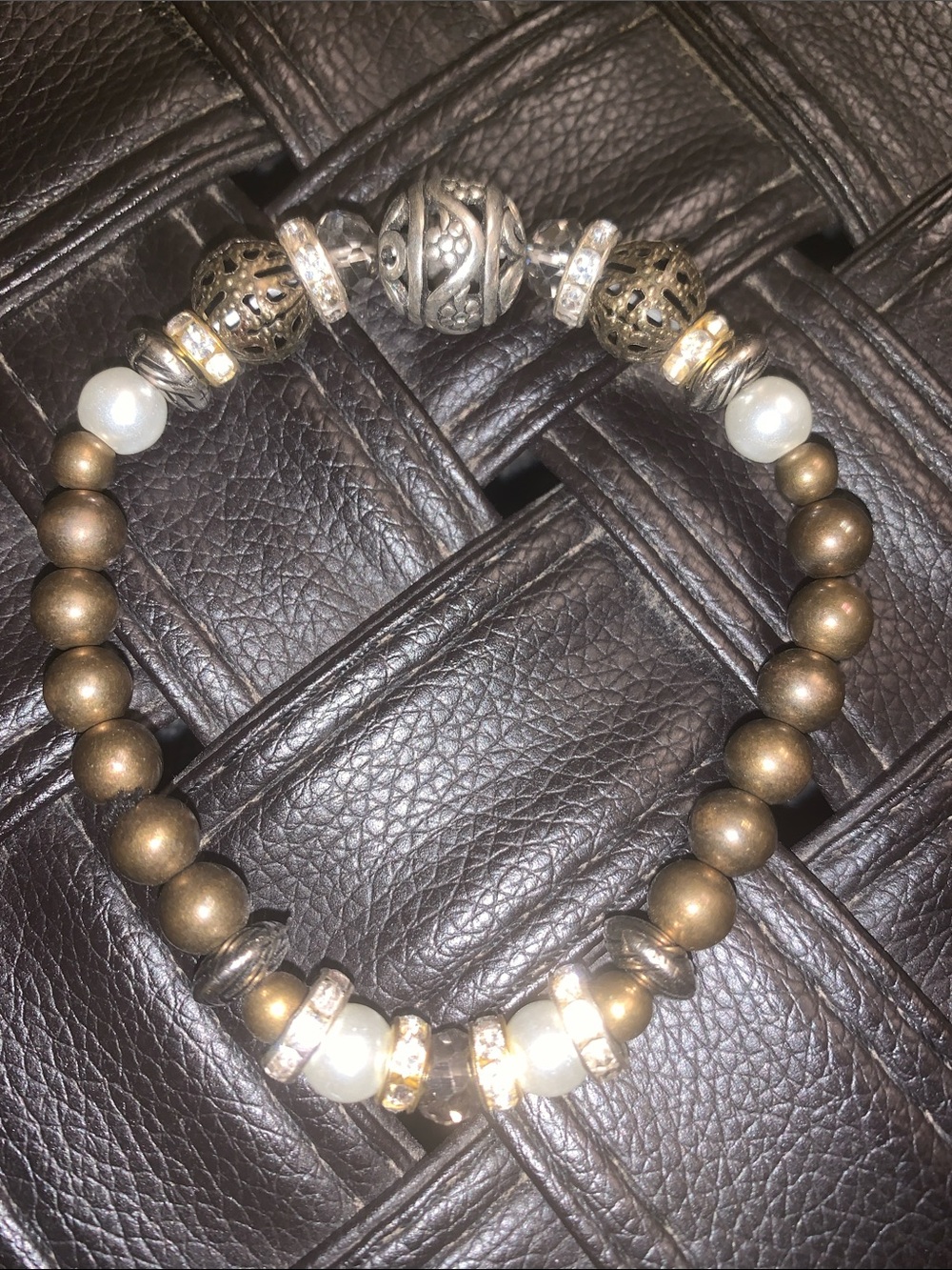 Elegant Dark Gold & Bronze Tone Beaded Stretch Bracelet with Pearl Accents
